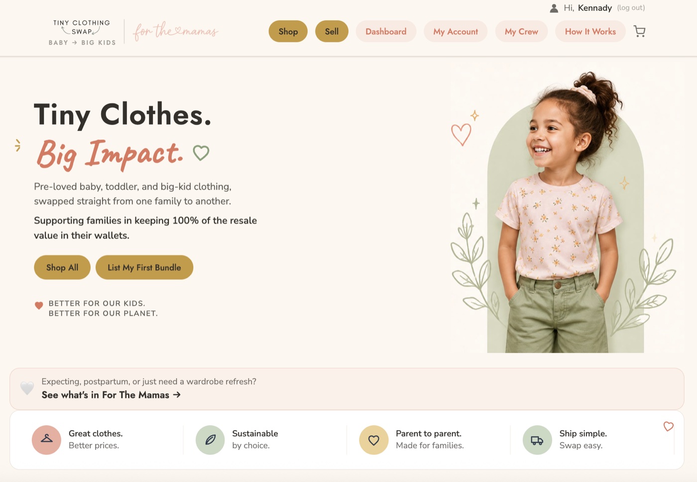 Tiny Clothing Swap homepage: Quality kids' clothes, better for everyone.