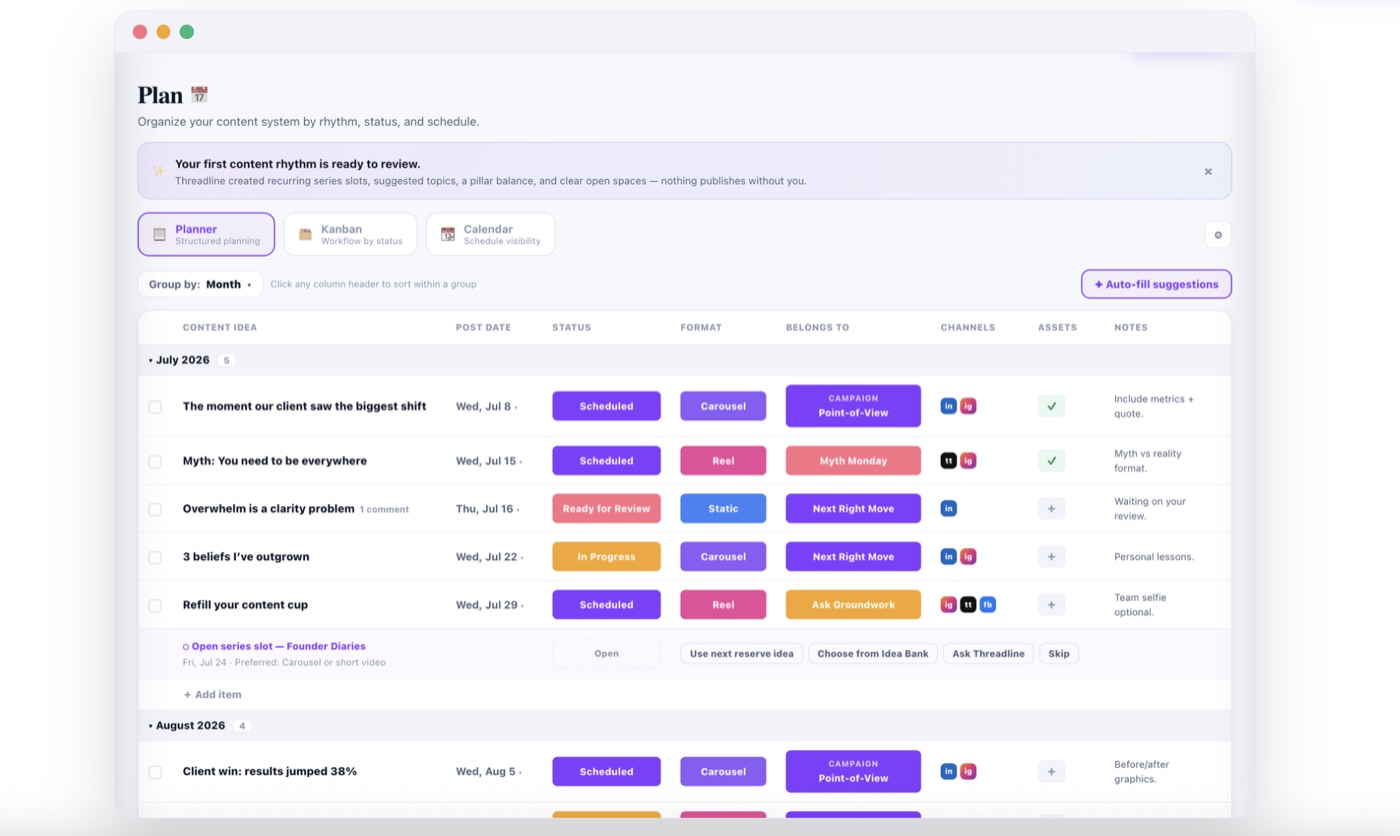 Threadline's content planner, showing scheduled posts organized by status, format, and channel